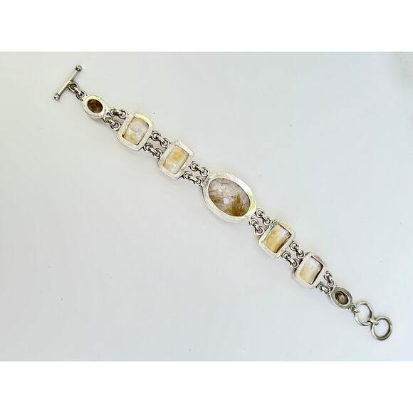 Golden Rutile Quartz Lemon Citrine Chain Link Sterling 925 Silver Bracelet - Picture 3 of 7